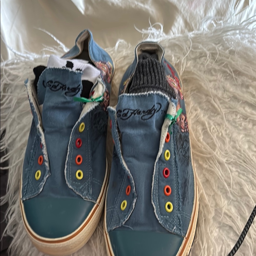 Ed Hardy Blue Denim Sneakers with Multicolor Eyelets
